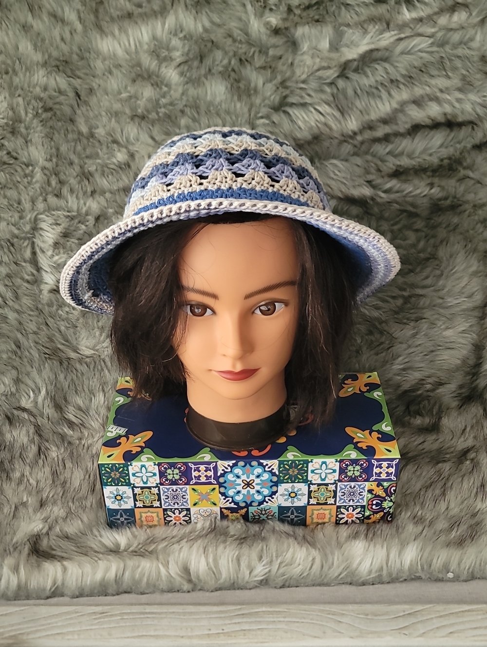 Handmade Crochet Bucket Hat in Blue and Cream - Women Accessories